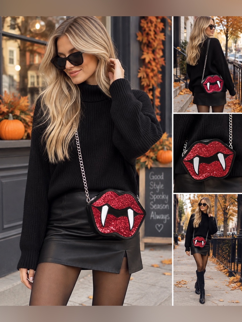 Vampire Lips Fangs Red Glitter Crossbody Bag NWOT Halloween Goth - Picture 2 of 9